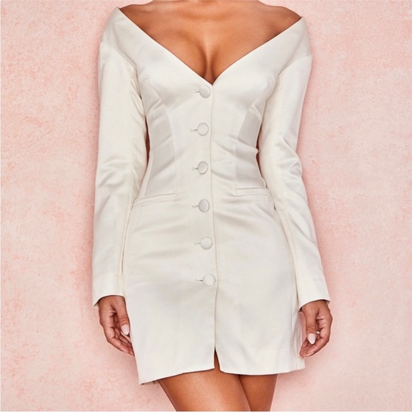 House of CB off shoulder ivory mini button front long sleeve satin blazer dress - Picture 6 of 6
